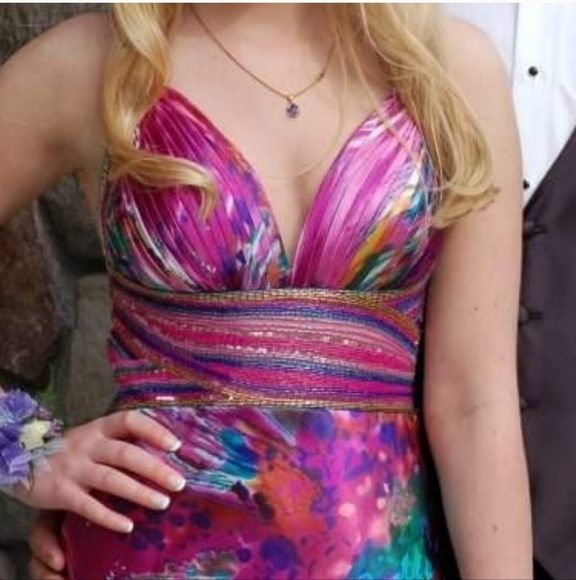 Davids Bridal Mermaid Prom Dress Beaded Sequin Criss Cross Straps Watercolor 1/2 - Picture 4 of 9